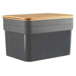 2-Pack Black 15L Storage Bin With Bamboo Lid, Large
