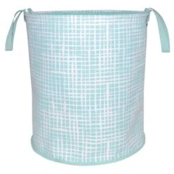 Grid Print Round Canvas Laundry Hamper, Teal