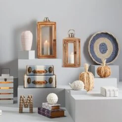 Honeybloom Ivory & Blue Striped Decorative Box, 6x5 -Karaca House Shop honeybloom ivory blue striped decorative box 6x5 2