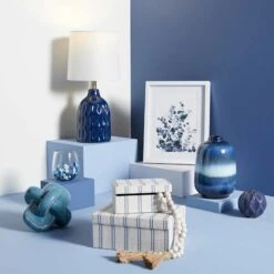 Honeybloom Ivory & Blue Striped Decorative Box, 6x5 -Karaca House Shop honeybloom ivory blue striped decorative box 6x5 6