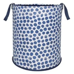 Round Collapsible Laundry Hamper With Handles, Blue Dots