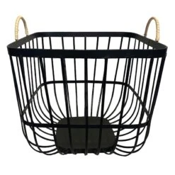 Square Black Metal Storage Basket With Handles, Large
