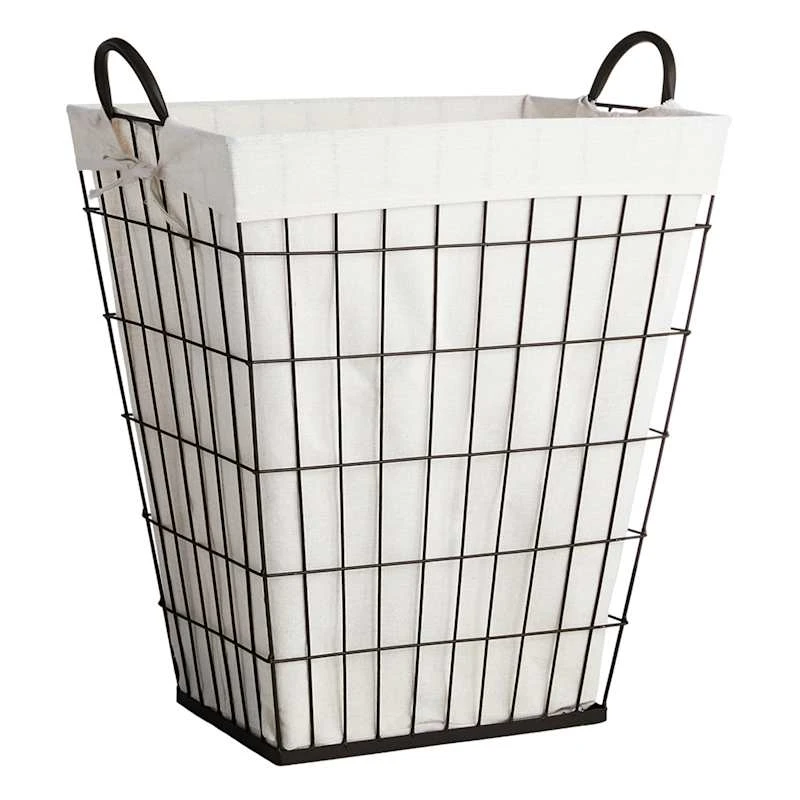 Tapered Metal Wire Laundry Hamper With Removable Liner, Brown 3 Tapered Metal Wire Laundry Hamper With Removable Liner, Brown