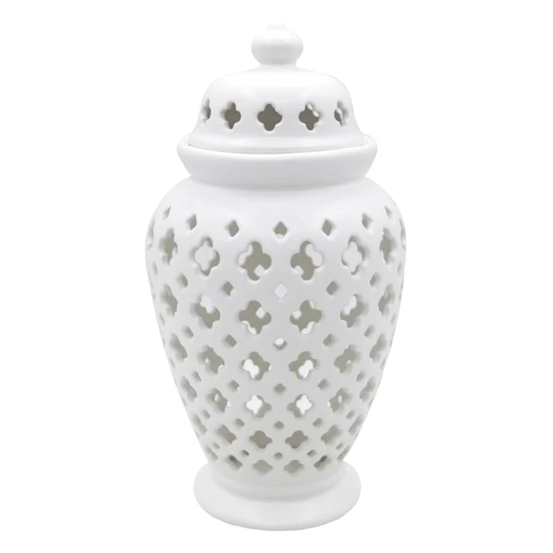 White Ceramic Cutout Canister, 11" 3 White Ceramic Cutout Canister, 11"